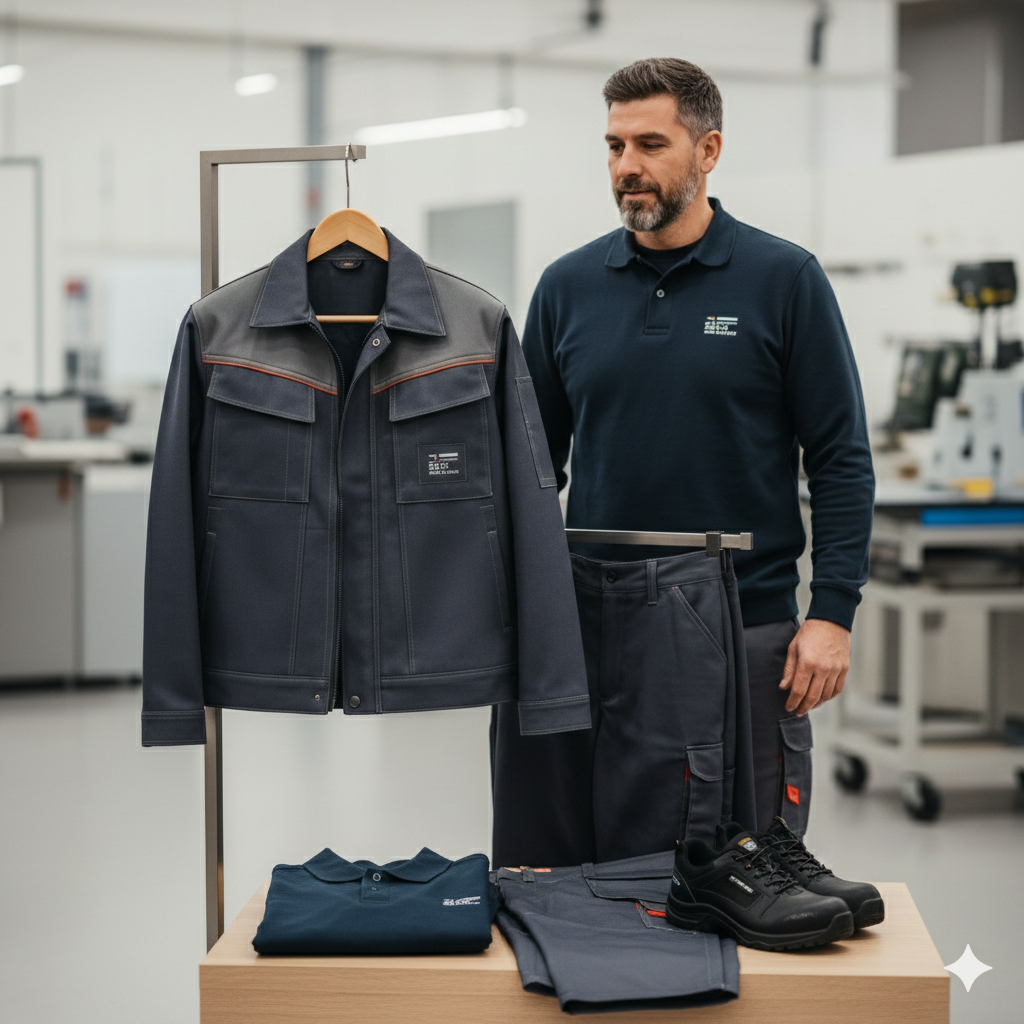 Vêtements professionnels personnalisables comprenant veste et pantalon de travail, adaptés aux environnements industriels et ateliers.