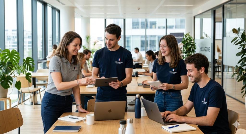 Équipe professionnelle portant des vêtements personnalisés avec logo d’entreprise dans un environnement de travail lumineux