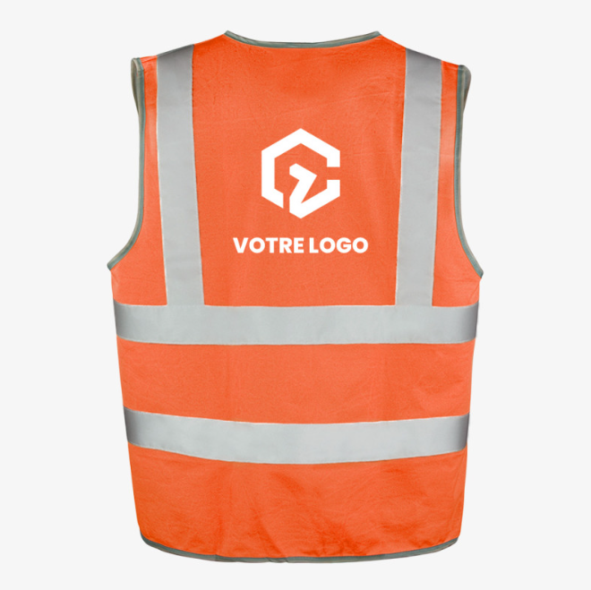 Gilet de sécurité haute visibilité orange personnalisé avec logo, vêtement de travail professionnel conforme aux normes de sécurité.