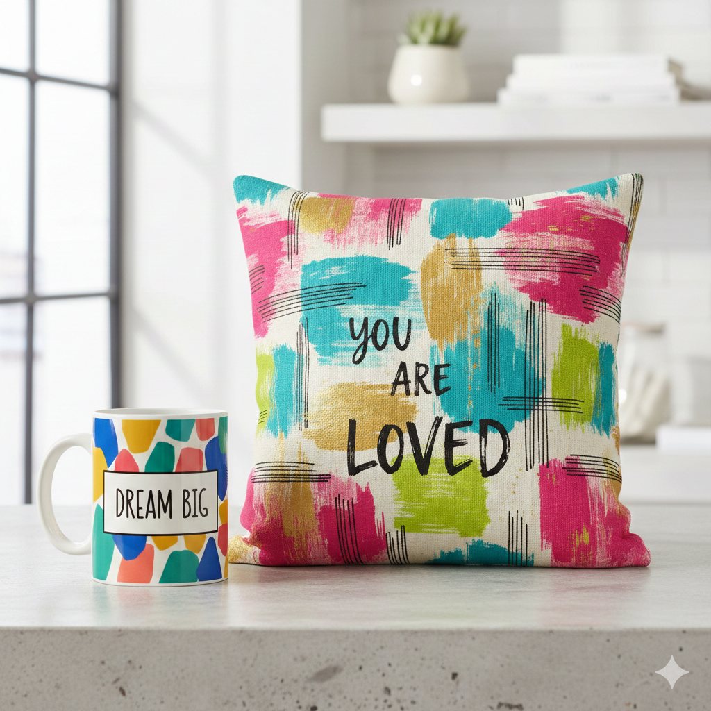 tasse et coussin personnalisés pour cadeau design moderne
