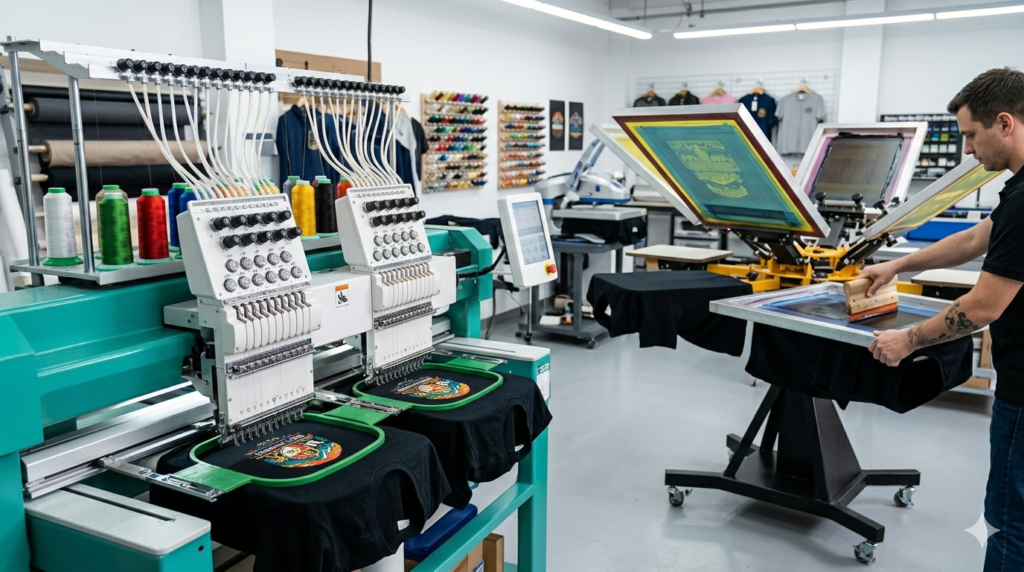Atelier de marquage textile avec machine de broderie et impression sur vêtements