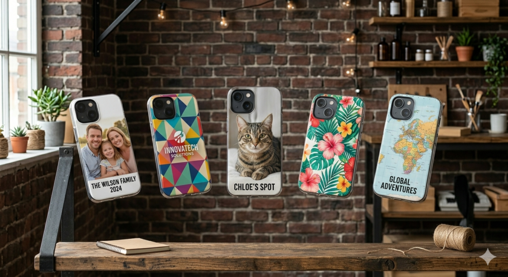 Coques de téléphone personnalisées avec photos, logos et designs colorés, flottant devant un fond brique sombre, style marketing moderne et réaliste