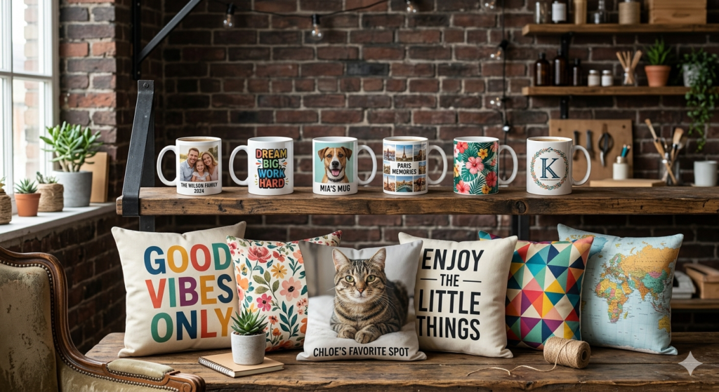 Tasses et coussins personnalisés colorés sur fond brique sombre style industriel, avec motifs et photos variés, mise en scène marketing professionnelle
