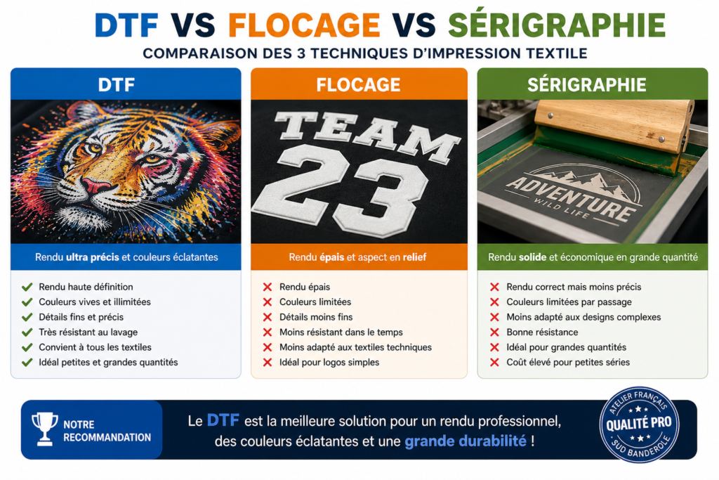 comparaison impression DTF vs flocage et sérigraphie sur textile