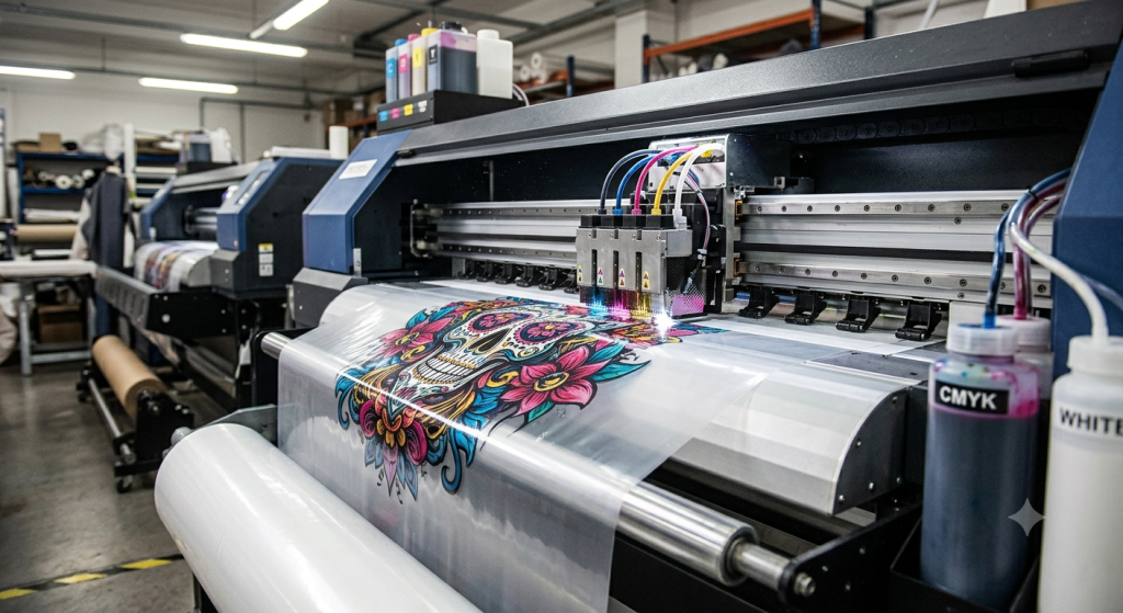 Impression DTF sur film dans un atelier textile professionnel
