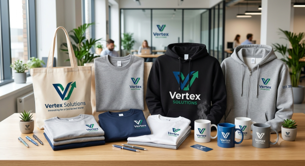 Produits personnalisés entreprise incluant t-shirts, sweats et mugs avec logo