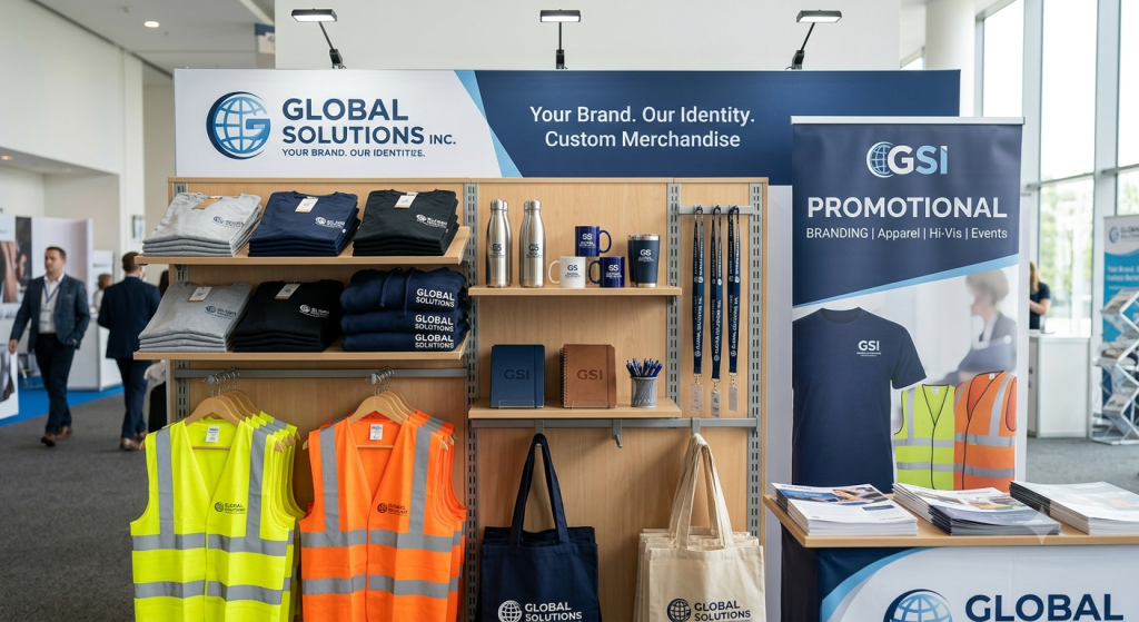 Produits personnalisés entreprise incluant textile, gilets de sécurité et banderoles