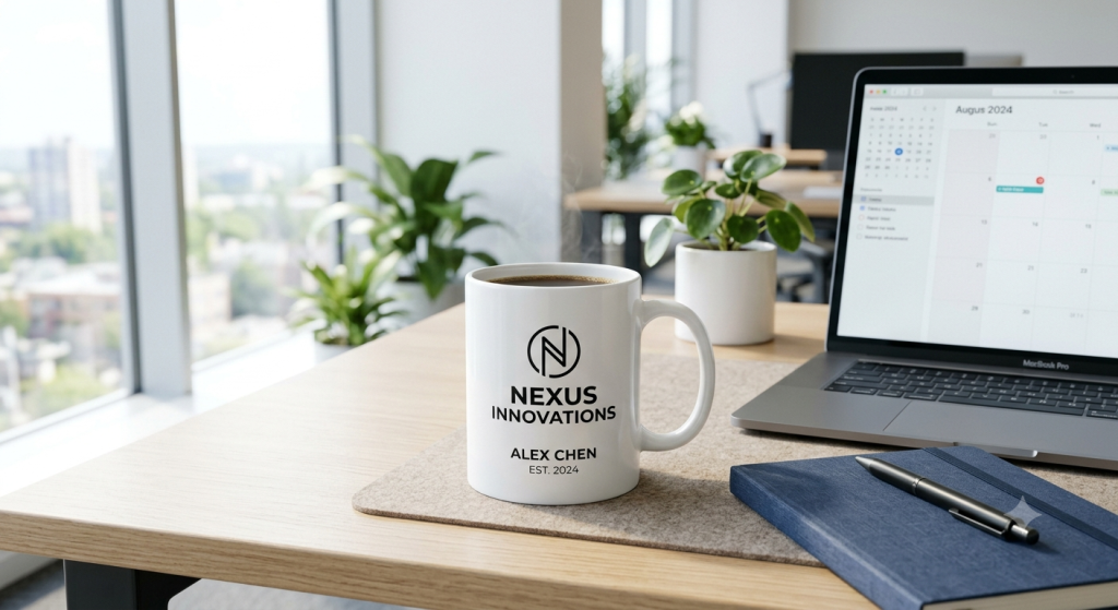 Tasse personnalisée avec logo entreprise sur bureau professionnel