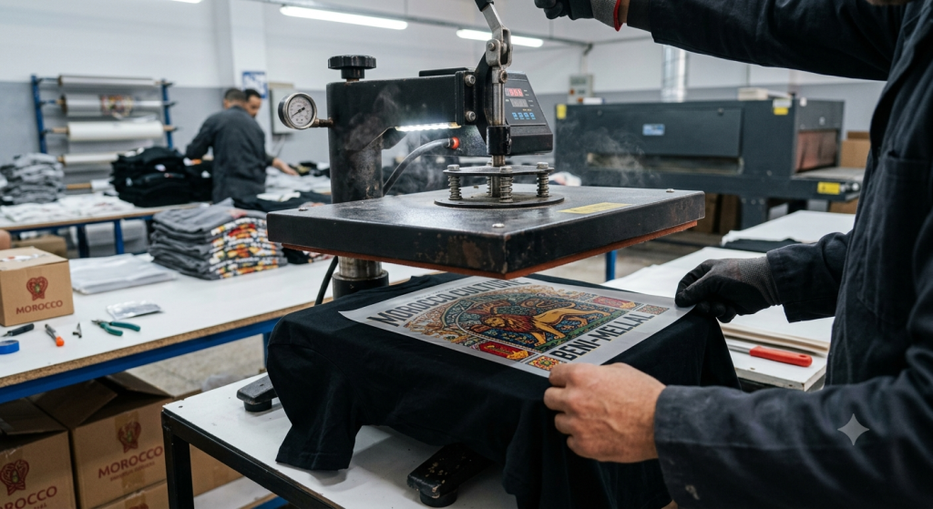 Transfert DTF sur t-shirt avec presse à chaud en atelier