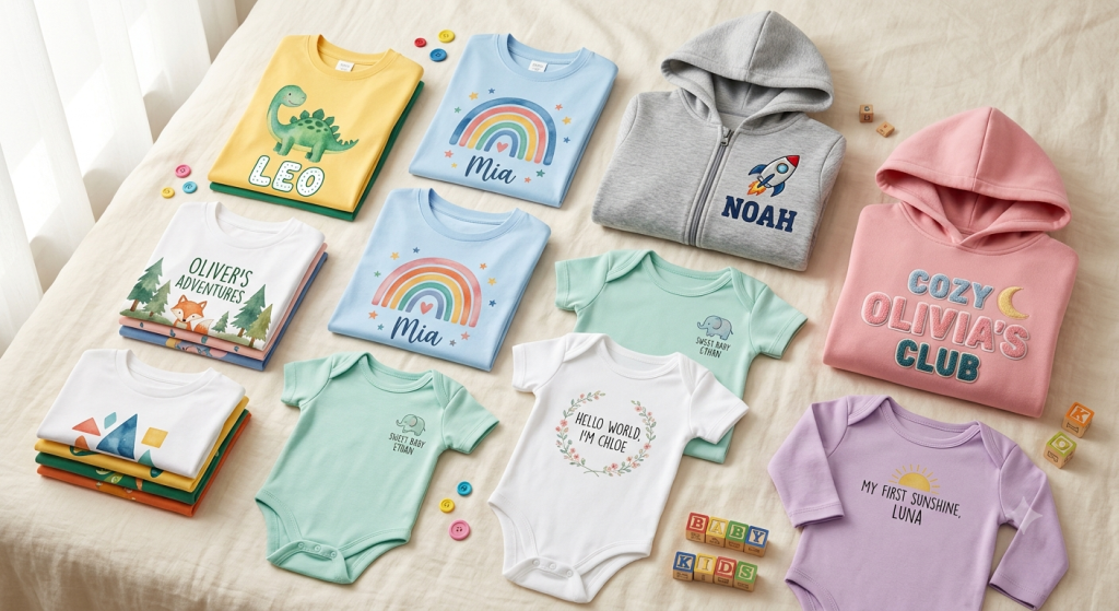 Vêtements personnalisés enfants avec prénoms et motifs colorés