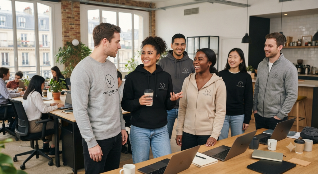 sweat personnalisé entreprise porté par équipe en situation professionnelle