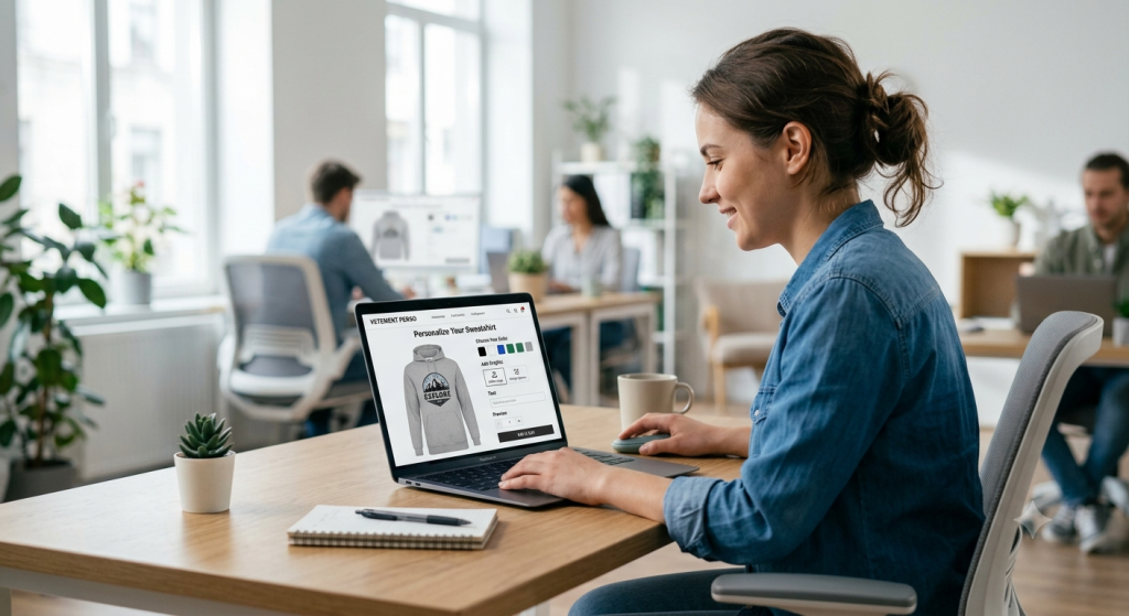 personnalisation vêtement en ligne sur ordinateur portable configurateur textile