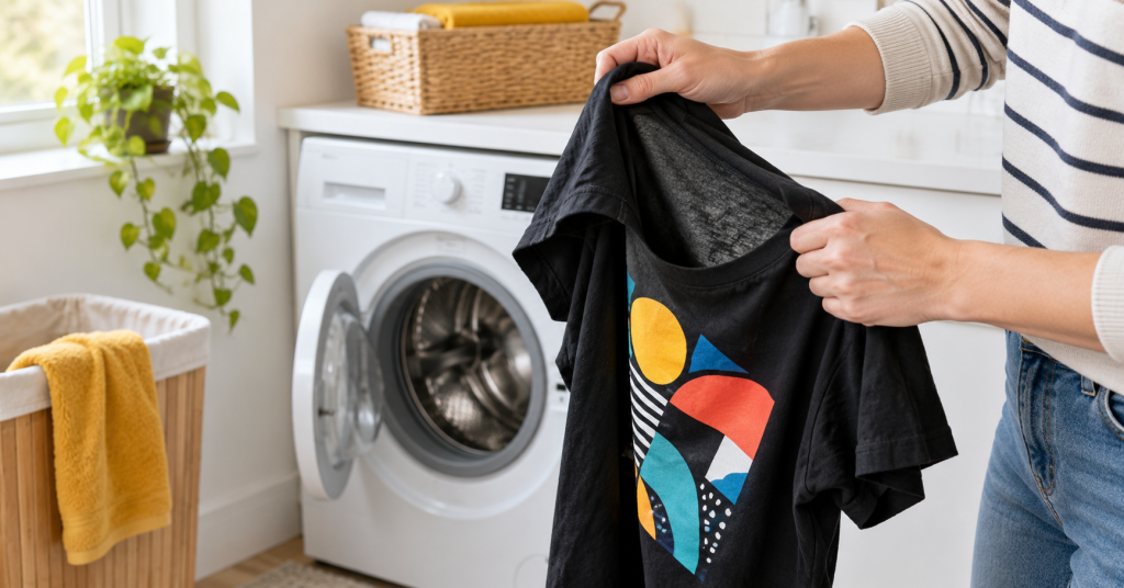 Personne retournant un t-shirt personnalisé en DTF avant le lavage