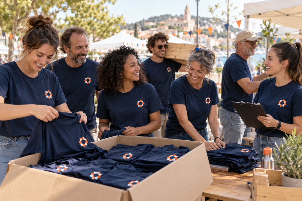 Équipe portant des t-shirts personnalisés pour un événement en plein air