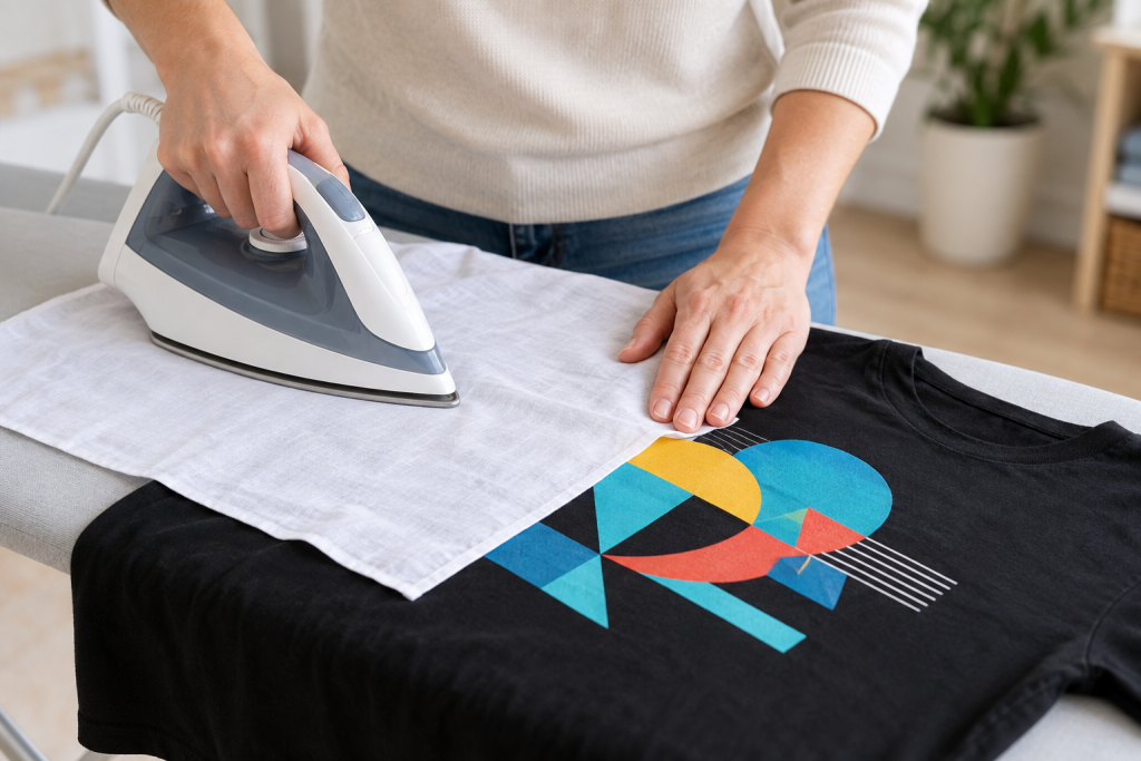 Personne repassant un t-shirt personnalisé en protégeant le motif DTF avec un linge