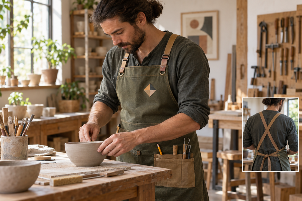 Artisan portant un tablier personnalisé professionnel dans son atelier