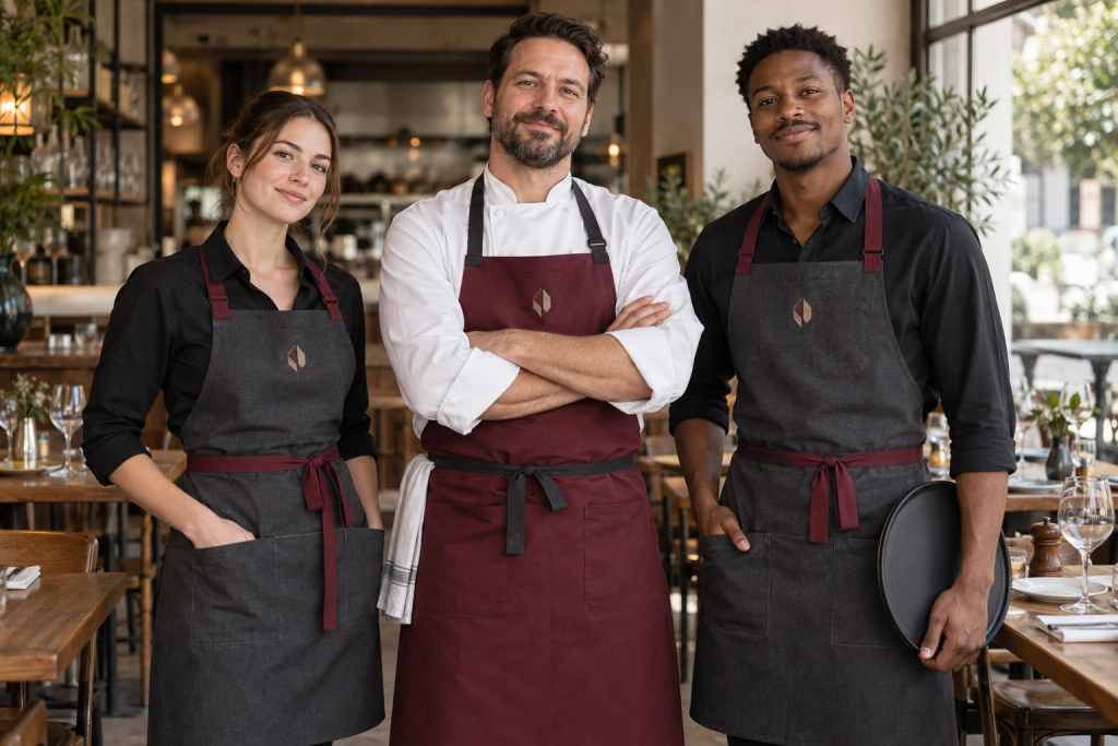 Équipe de restaurant portant un tablier personnalisé professionnel